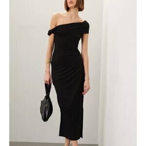 Paris Georgia Black Ruched Midi Dress MEDIUM Bodycon Off Shoulder Cocktail $250